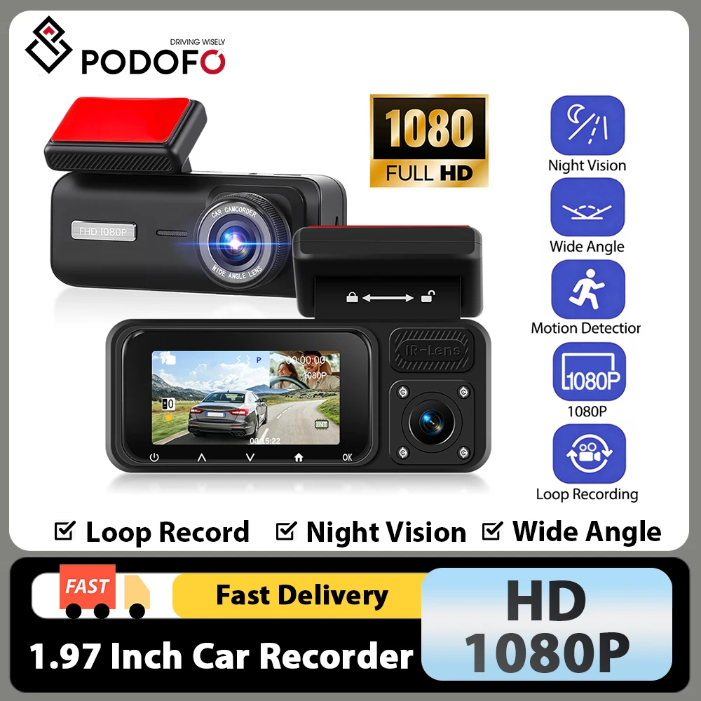 Cámara para coche Podofo 1080P de 1.9 pulgadas con grabación dual HD, detector de movimiento, grabación en bucle, DVR para coche, compatible con tarjeta TF