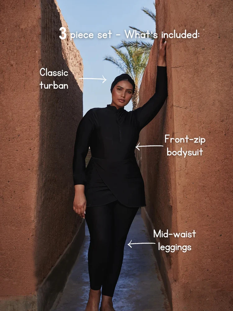 Modest Muslim Swimwear Women Black Burkini Islam Swimsuit Bikini Hijab Beachwear Bathing Suit Long Sleeve Zip Front High Neck