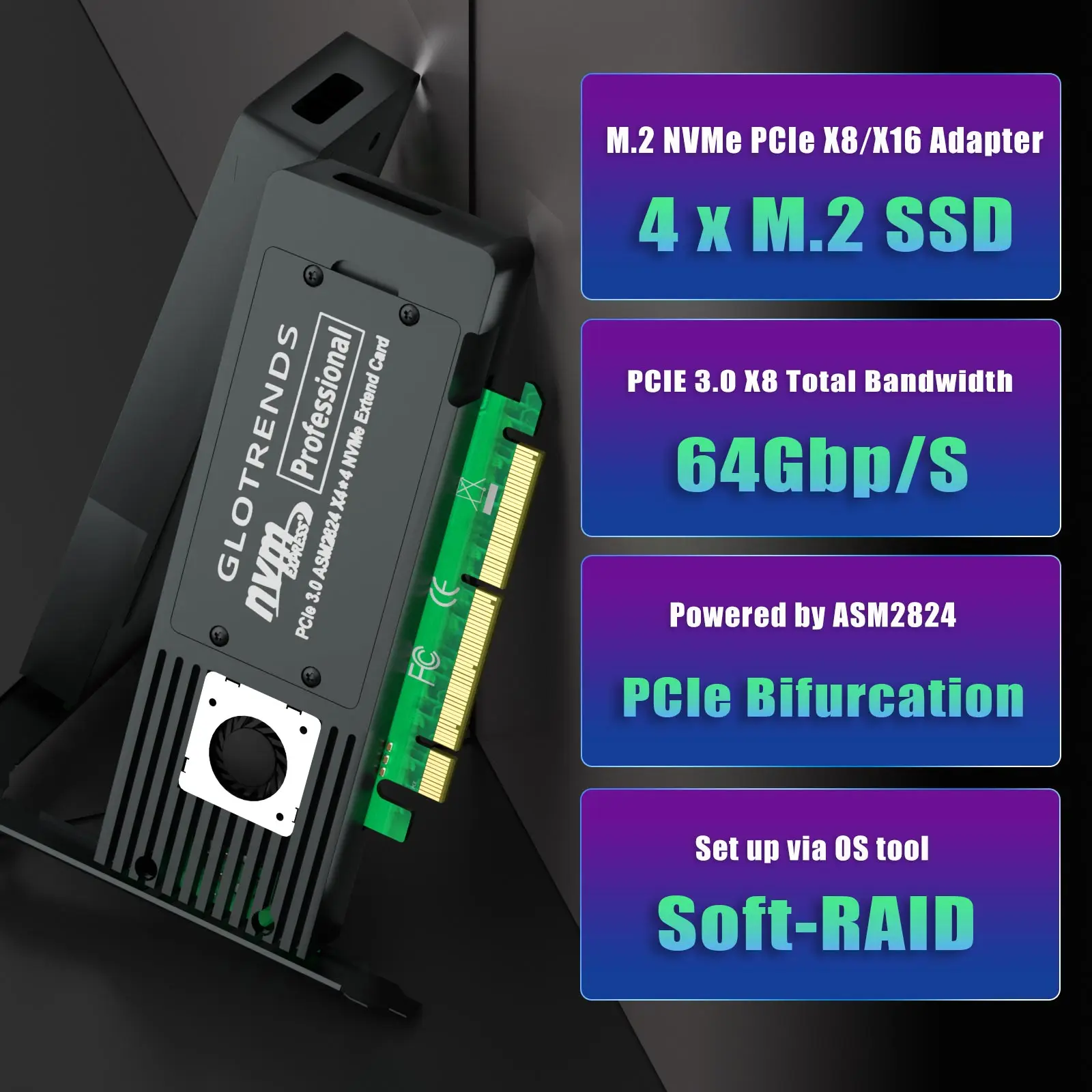 4-slot M.2 PCIe 3.0 Adapter for 4 M.2 NVMe SSD, Software M.2 SSD RAID, Support PCIe Bifurcation