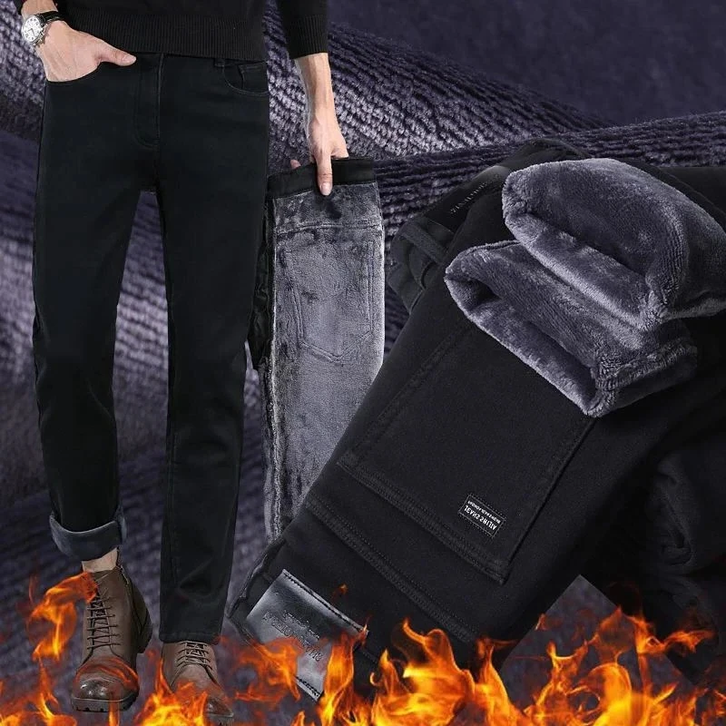 الرجال صوف مبطن مستقيم الجينز الذكور شتاء دافئ الدنيم السراويل مرونة مريحة عارضة فضفاض سميكة السراويل #1