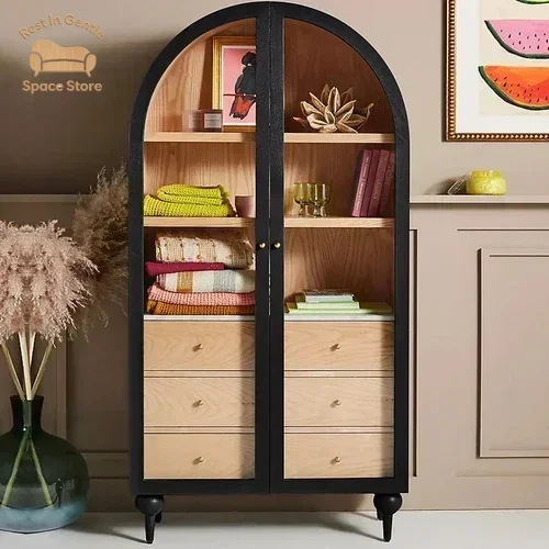 Retro Black Arched Double Door Solid Wood Bookcase American Color Matching Glass Storage Cabinet Sideboard
