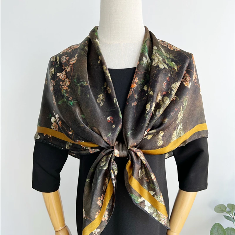 110X110Cm Real Silk Scarves Vintage Flower Print Shawl and Wraps for Women 100% Silk Bufanda Foulard Hijabs Female Scarves