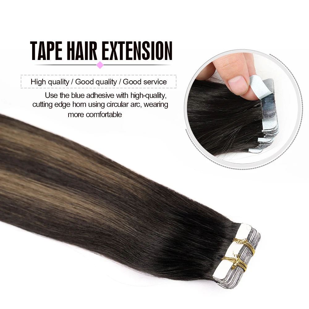 20pcs Human Hair Tape in Hair Extensions Real Hair 24 Inch 20pcs 50g/pack Straight Seamless Weft For Woman Black 1B# 6# Add Hair