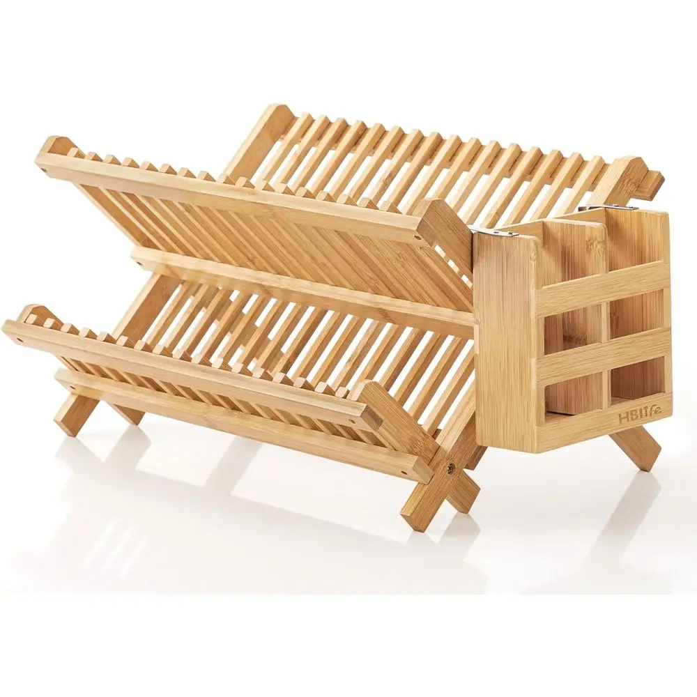 

Dish Rack, Bamboo olding 2-Tier Collapsible Drainer Dish Drying Rack with Utensils latware Holder Set (Dish Rack with Utensil Ho