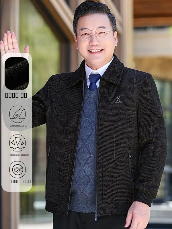 

Spring Autumn Wooden Du Dad Coat ort Woolen Jaet Turn-down Collar Men's Faion Spring Clothing Polyester Fabric