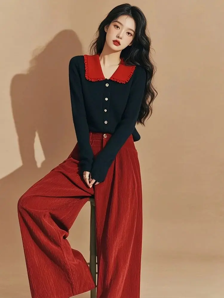 2 Pieces Set , Spring Fall Women Ruffles Patchwork Knitted Sweater High Waisted Corduroy Pants , Woman Red Trousers