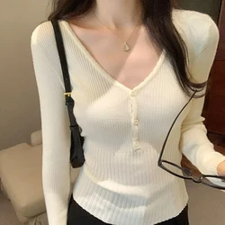 Autumn Winter V-Neck Screw Thread Solid Color Button Sweater Knitted Women's Clothing Long Sleeve Office Lady Sweet Chic Tops