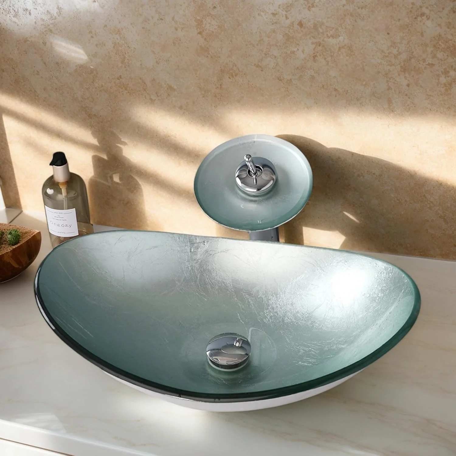 ZAPPO Oval  Tempered Glass Vessel Sink for Bathroom Oval Countertop Basin Glass Wash Basin Bathroom Above-Counter Vanity Combo
