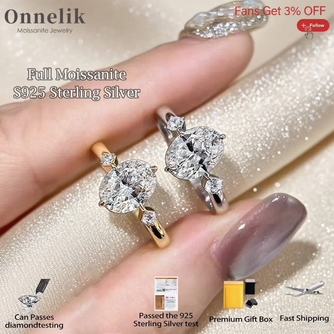 

Onnelik 100% стерлинговое серебро S925 2CT D цвет овальный муассанит кольцо с бриллиантом для женщин свадьба помолвка день рождения ювелирные украшения