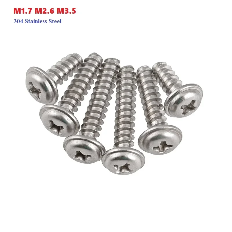 

M1.7 M2.6 M3.5 304 Stainless Steel PWB Phillips Round Head With Washer Flat Tail Self Self-Tapping Screw