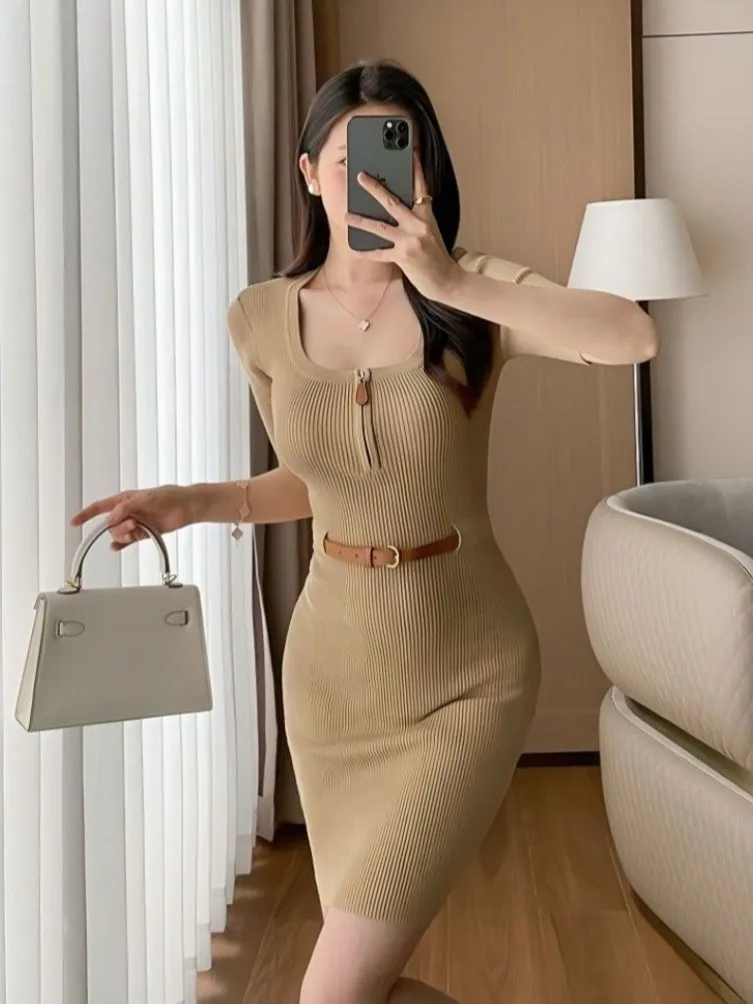 High Intelligence Knitted Dress Women's Summer Small Figure Elegant High Elastic Big U-neck Waist-cinching Slim Short Sleeve ...