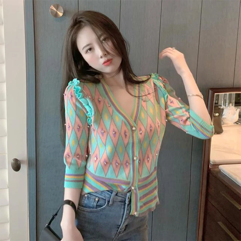 2024 Trend Cropped Cardigan for Women Plaid Sweater Summer Sweaters Kawaii Harajuku Knitted Tops Cute Cardigans Female Fashion