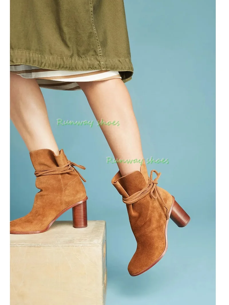 Camel Suede Ankle Boots Folded Cuff Wrap‑Around Strap Tassel Decor Pointed Toe Wood Block Heel Retro Autumn Winter Short Boots