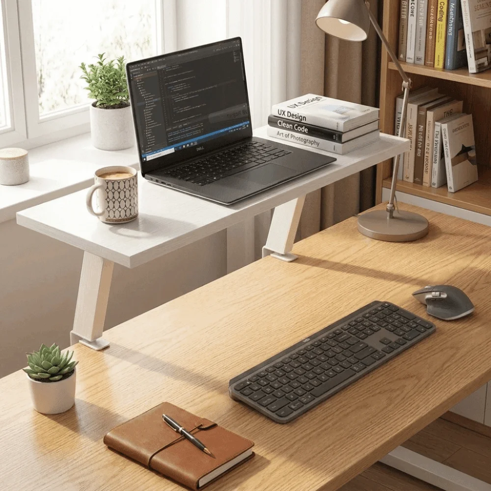 Practical Wood Grain Monitor Stand Floating Design Ergonomic Computer Riser Hollow Space Sturdy Board Desk Organizer Daily Use