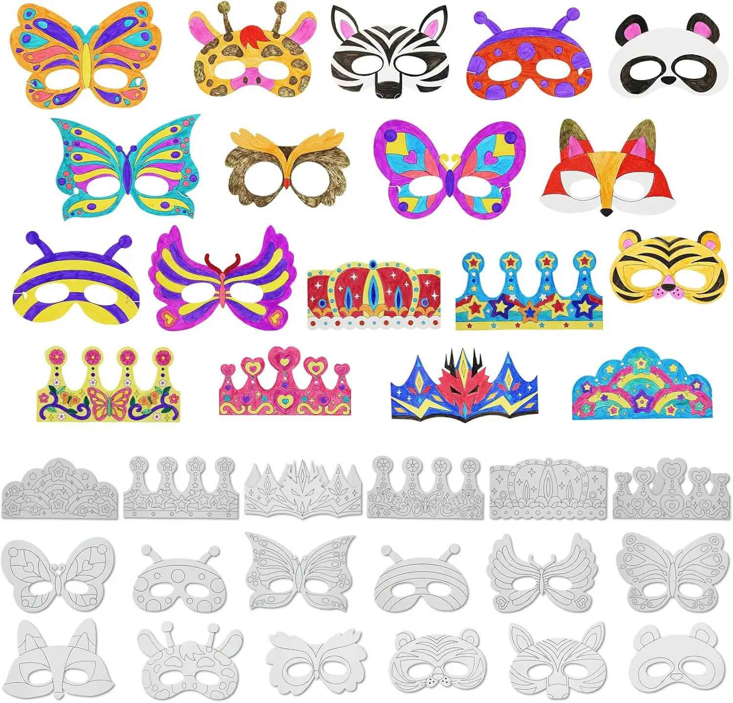 Set de Coronas y Máscaras de Papel para Manualidades Creativas, Ideal para Fiestas y Proyectos Artísticos en Casa