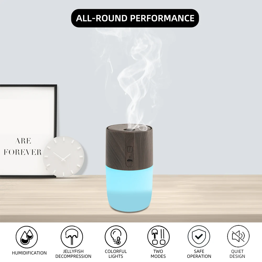 Humidificateur ultrasonique à Grain de bois LED 7 couleurs, diffuseur d'aromathérapie pour voiture et maison, 300ml, avec fonction de purification de l'air, 2 Essenti