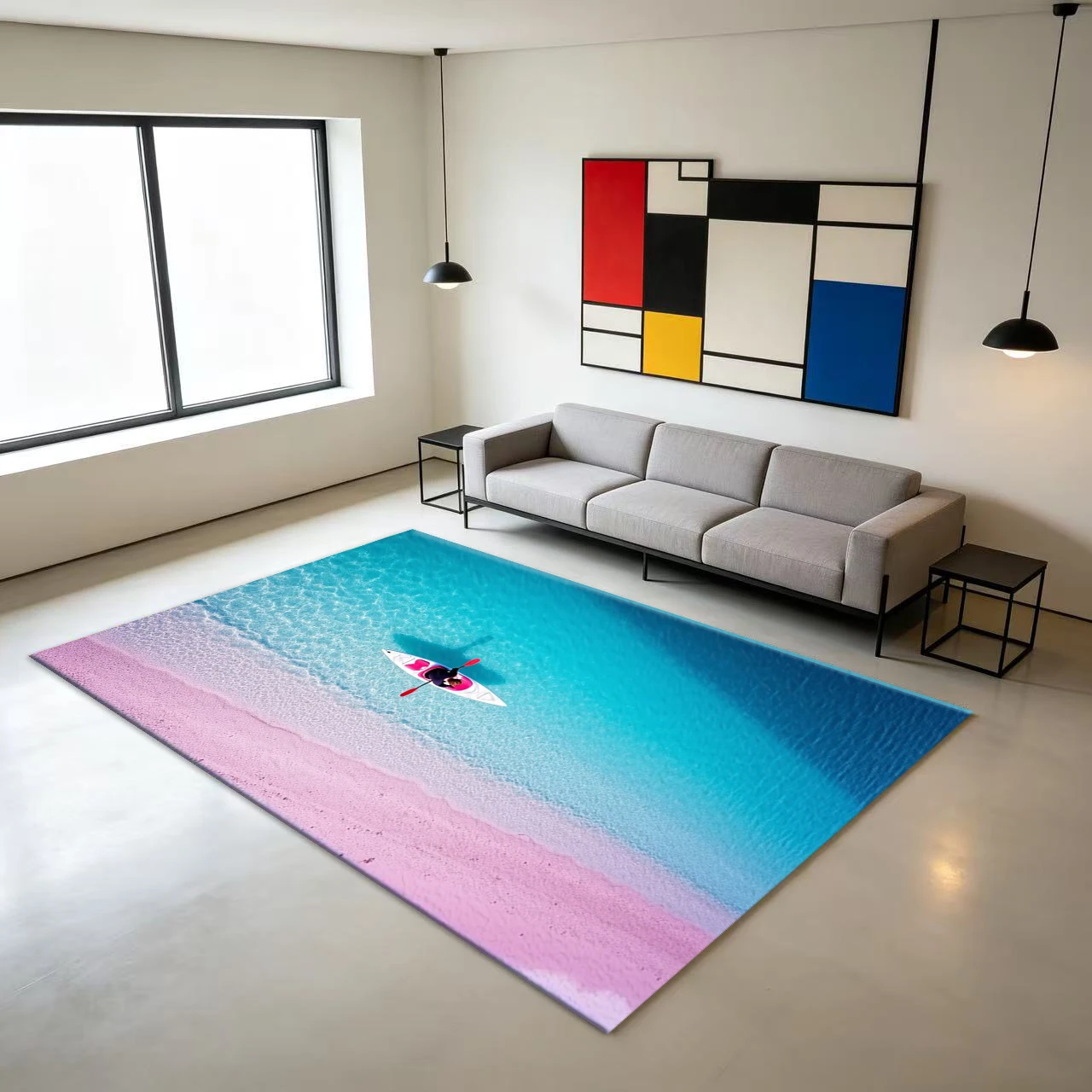 Aerial View of Pink Beach, Kayak, Ocean Carpet, Tropical Seascape, Non-Slip Floor Mat for Home Use