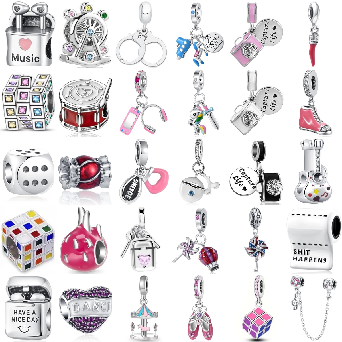 

New Fashion 925 Sterling Silver Charm Guitar Dice Headphones candy Pendant DIY Fit Original Bracelet Jewelry Woman Gift