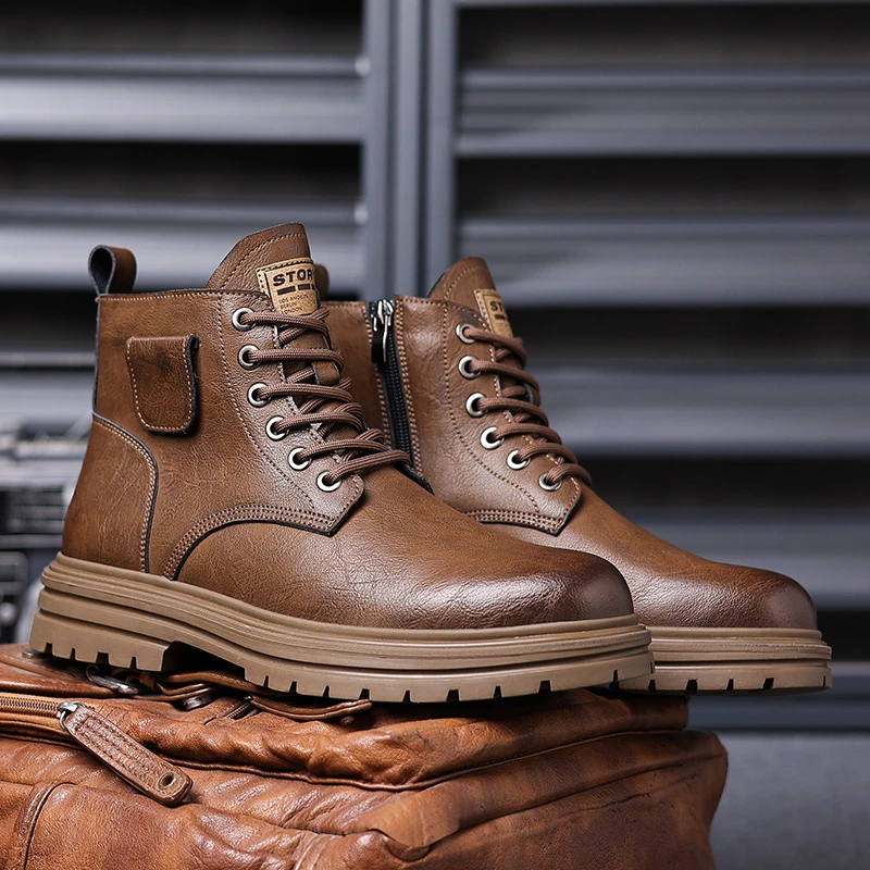 Picture 4: Mens Brown Vintage Leather Combat Boots Side Pocket Decor Lace Up Chunky Sole Ankle Boots Casual Work Daily Travel Shoes Fashion