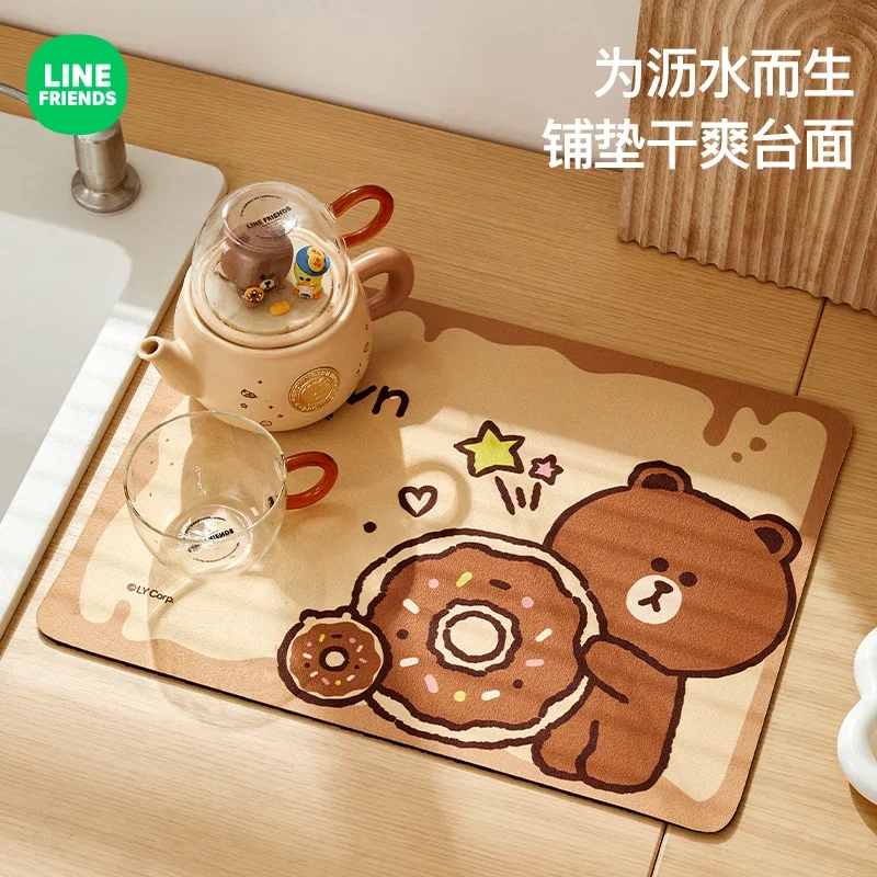 LINE FRIENDS Kawaii BROWN Diatom Mud Kitchen Drain Mat Anime Desktop Tea Coaster Pot Insulation Mat Countertop Absorbent Pad