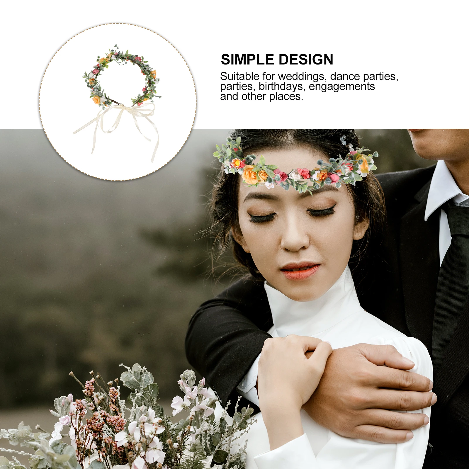 

1pc Colorful Artificial Floral Wreath Flower Hair Headband Ornament Adjustable Bridal Wedding Party Festival Beach Accessory