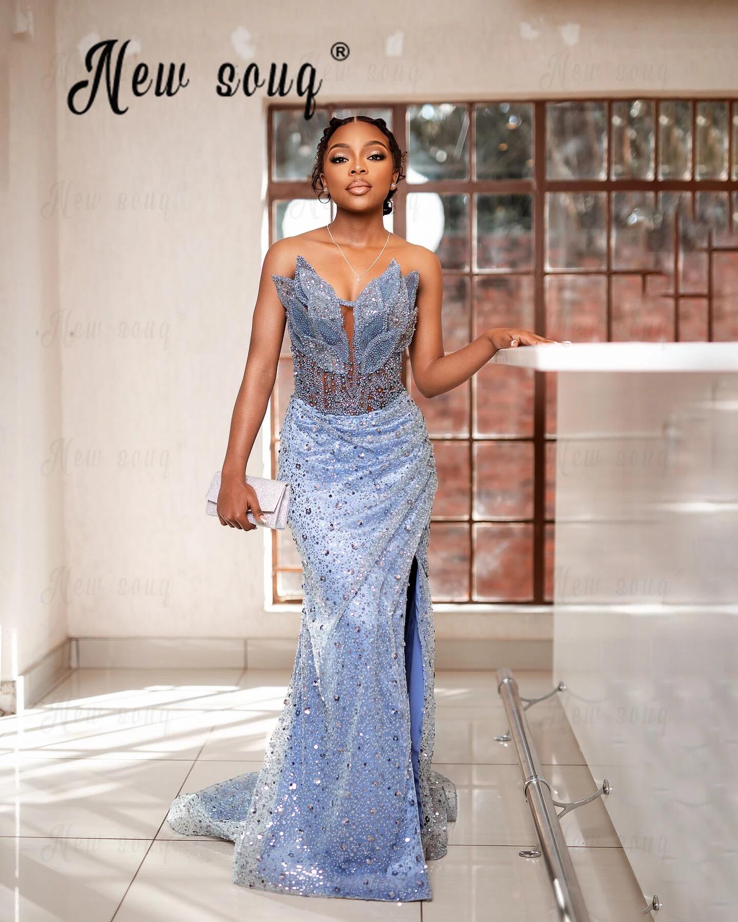 Sparkle Sky Blue Side  Slit Prom Dresses With Crystals Leaf Mermaid Wedding Party Gown Lace-up Aso Ebi Cocktail Night Dress