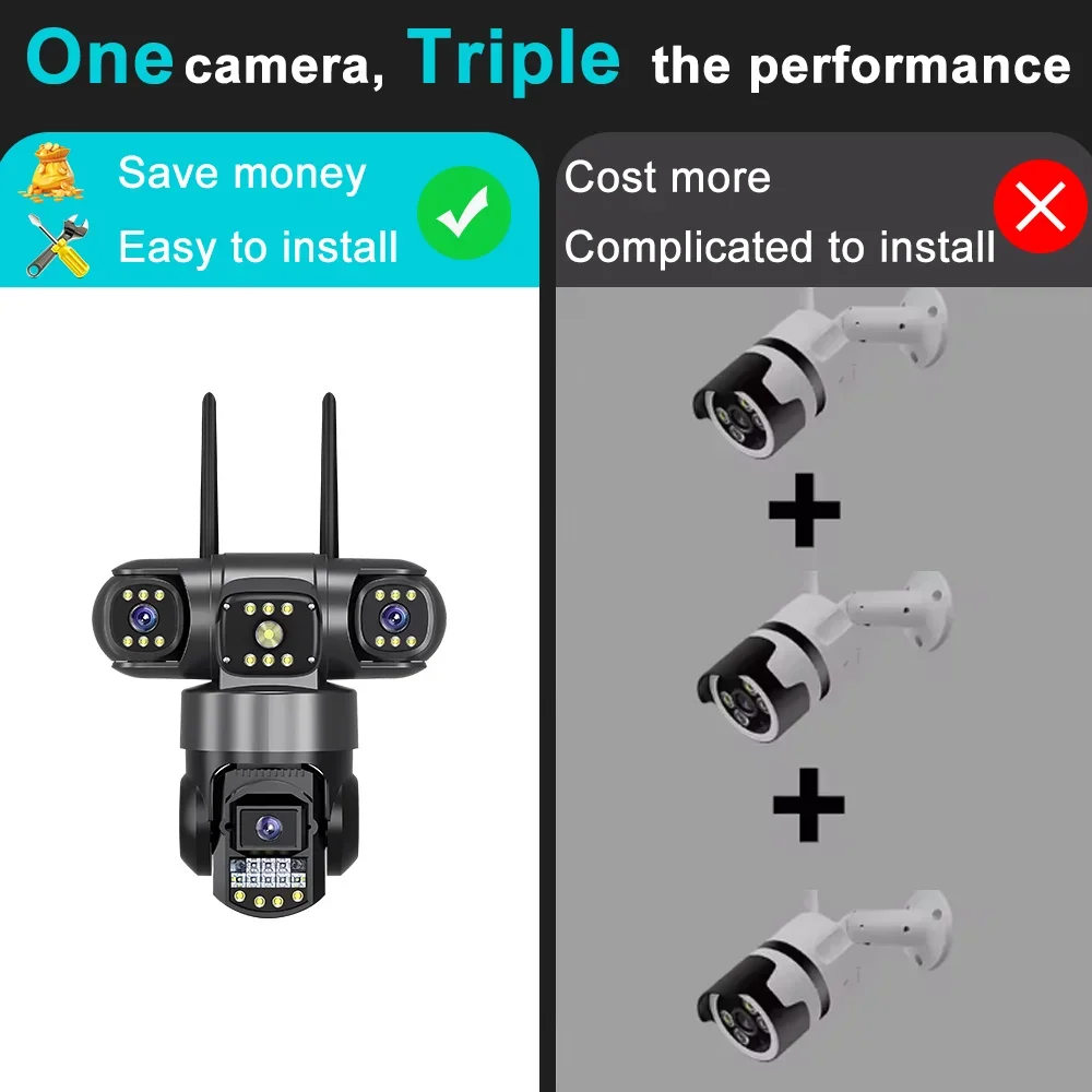 Outdoor Waterproof Camera With Sim Card 12M Three Lens Monitor Night Vision Security PTZ CCTV Home V380 Pro 4G Network IP Camera
