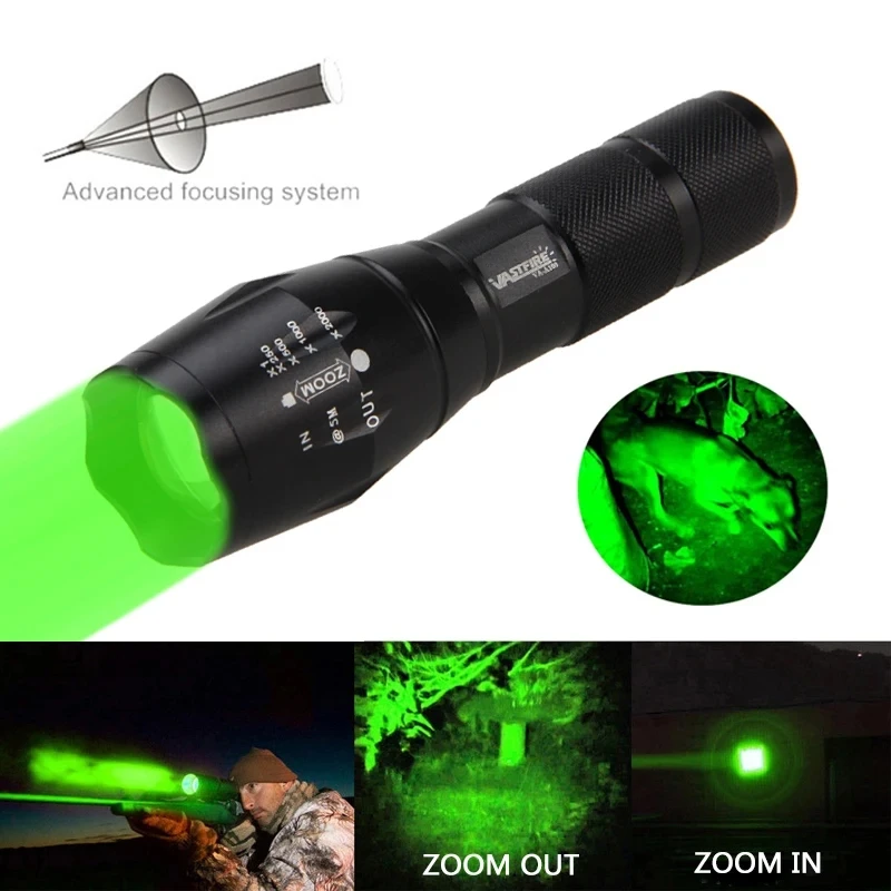 A100 Tactical Hunting Flashlight 5000 Lumens White/Green/Red LED Lantern Torch+Rifle Mount Clip+Switch+18650+Charger+Box