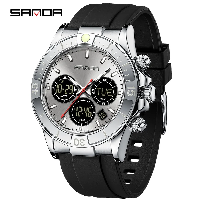 Moda Sanda 6192 relógio de quartzo masculino multifuncional à prova d'água esportes display duplo pulseira de silicone preto relógio de pulso para homens