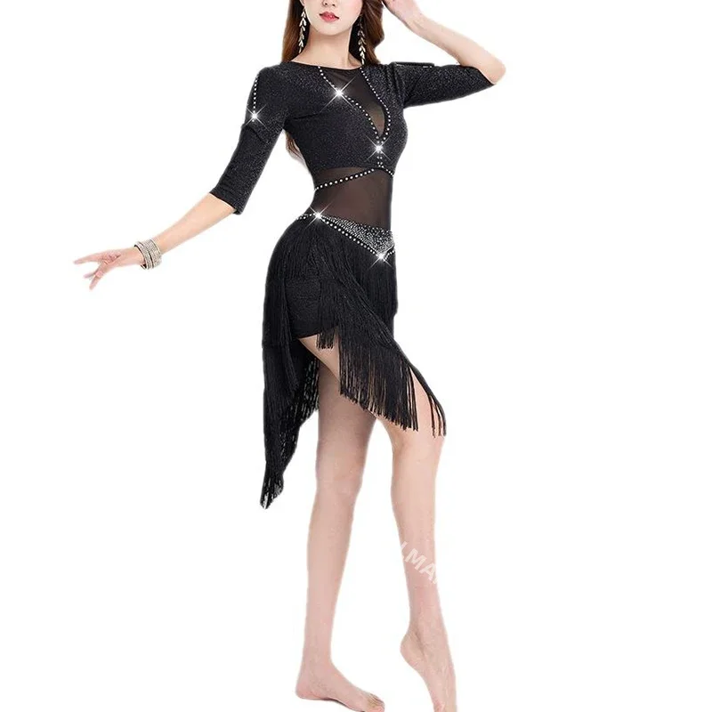 

Adult Ballroom Costume Tango Samba Rumba Salsa Jazz Stage Performance Women Fringe Flapper Tassel Latin Dance Top and Skirt