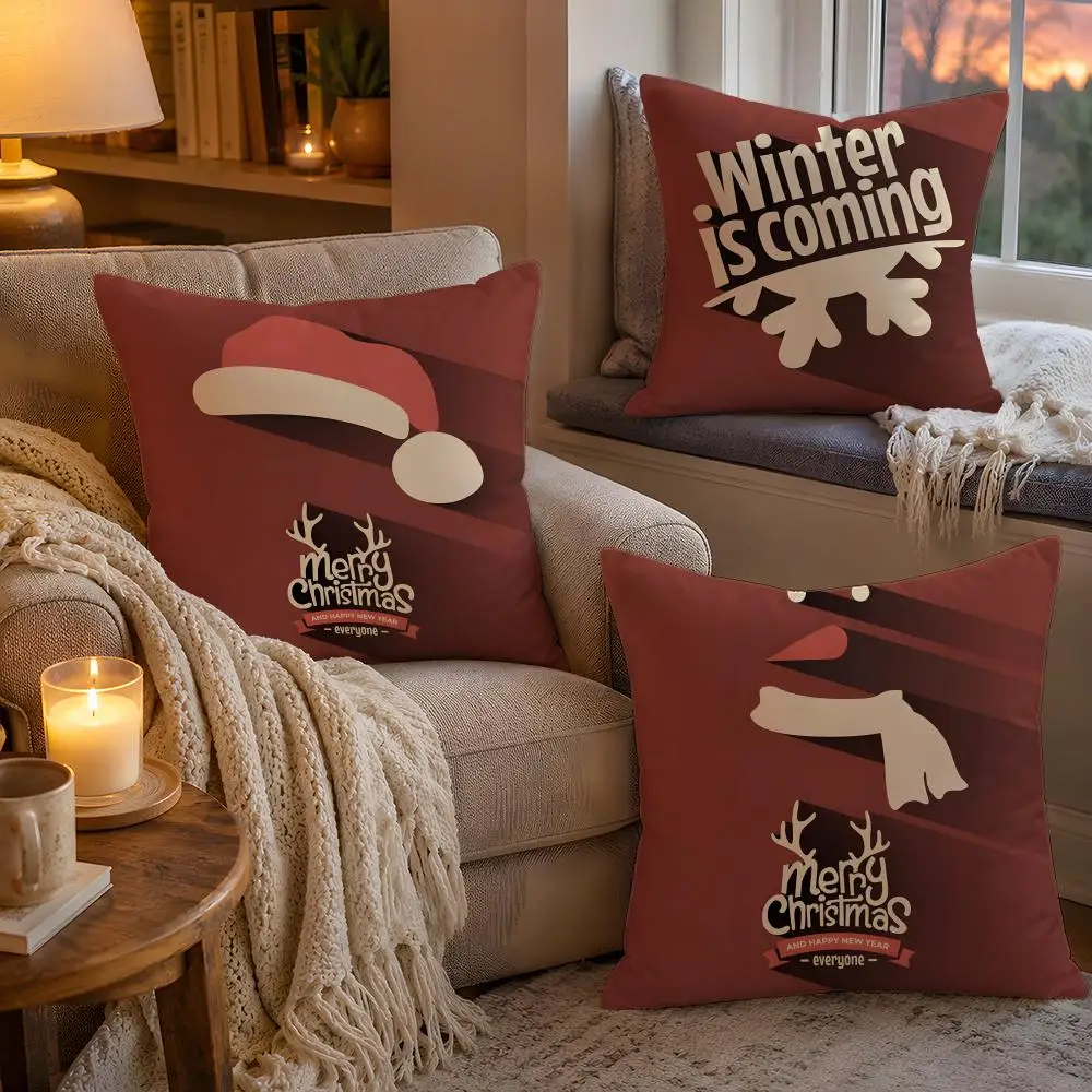 Christmas Red Collection Double-Sided Soft Plush Invisible Zipper Breathable for Sofa Bedroom Car Cushion Cover