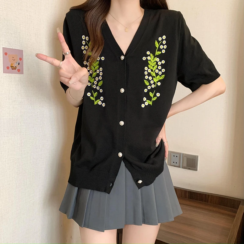 Vintage Ice Silk Knit Sweater Women Cardigans Tops 2024 Summer Elegant Solid Fashion Knitwear T-shirts Short Sleeve V-neck Jumpe