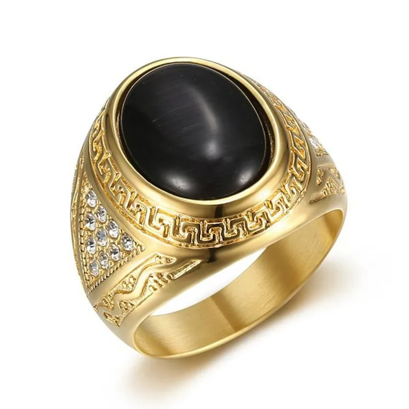 Masculine Green Jade Emerald Black Agate Gemstones Titanium Rings for Men Stainless Steel Big Solid Finger Bands Vintage Jewelry - view 4