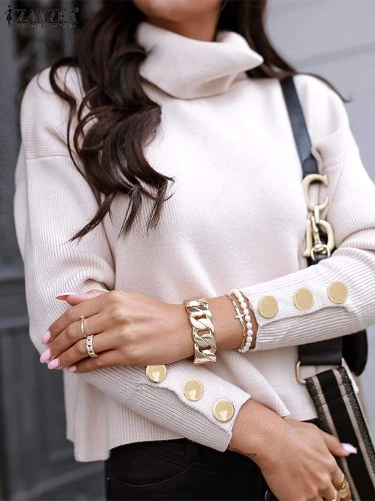 

Vintage Buttons Basic Sweater ZANZEA Women Solid Thin Sweater Fashion High Collar Knitted Tops 2024 Autumn Long Sleeve Pullovers