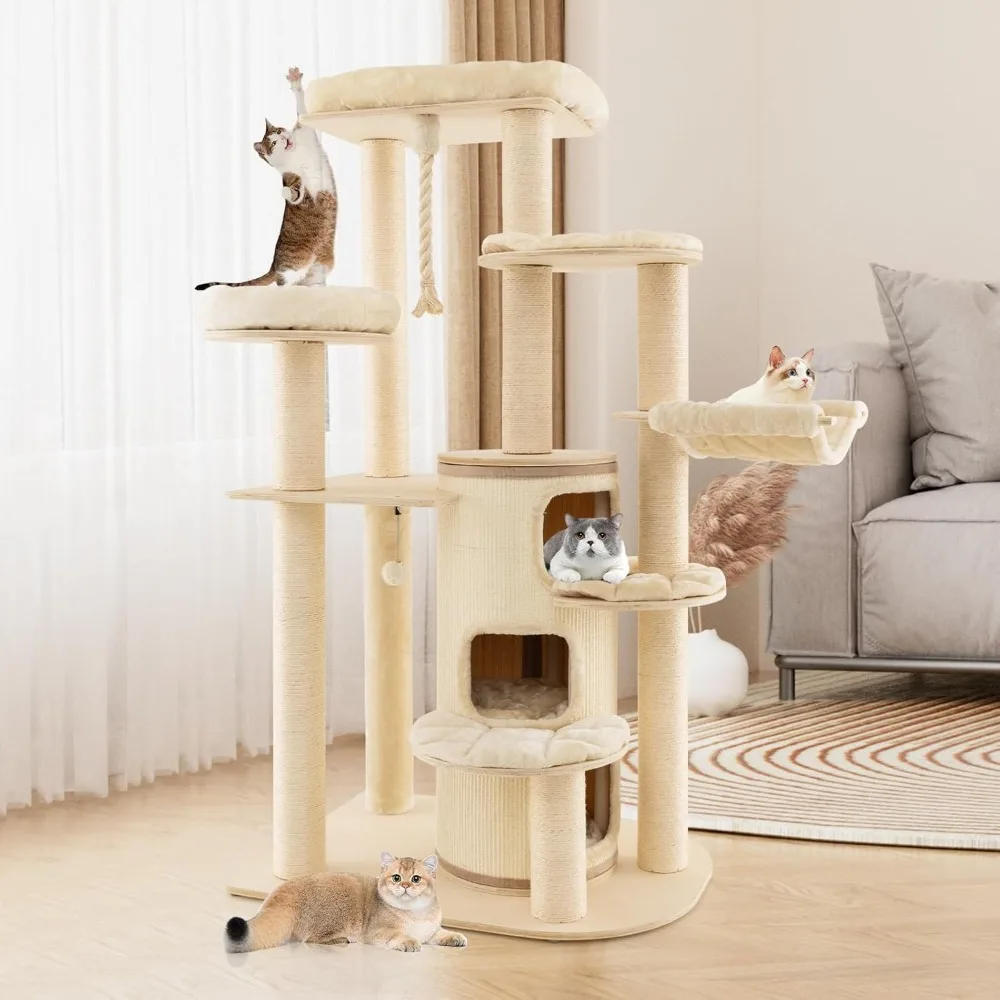 3-Story Cat Condo, Hammock, Sisal Scratching Posts, Spring Ball, Hanging Play Rope for Indoor Cats 20 lbs Heavy Duty