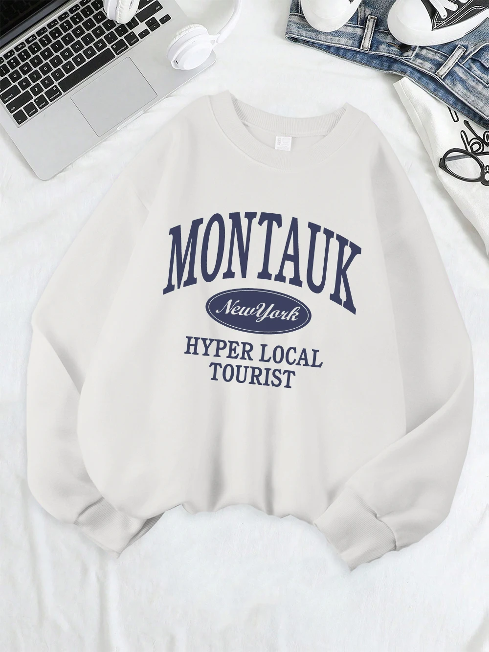 モンタウクニューヨークスポーツウェアプリントスウェットレディースフリース暖かいカジュアルパーカークルーネックルーズトップス冬快適な服