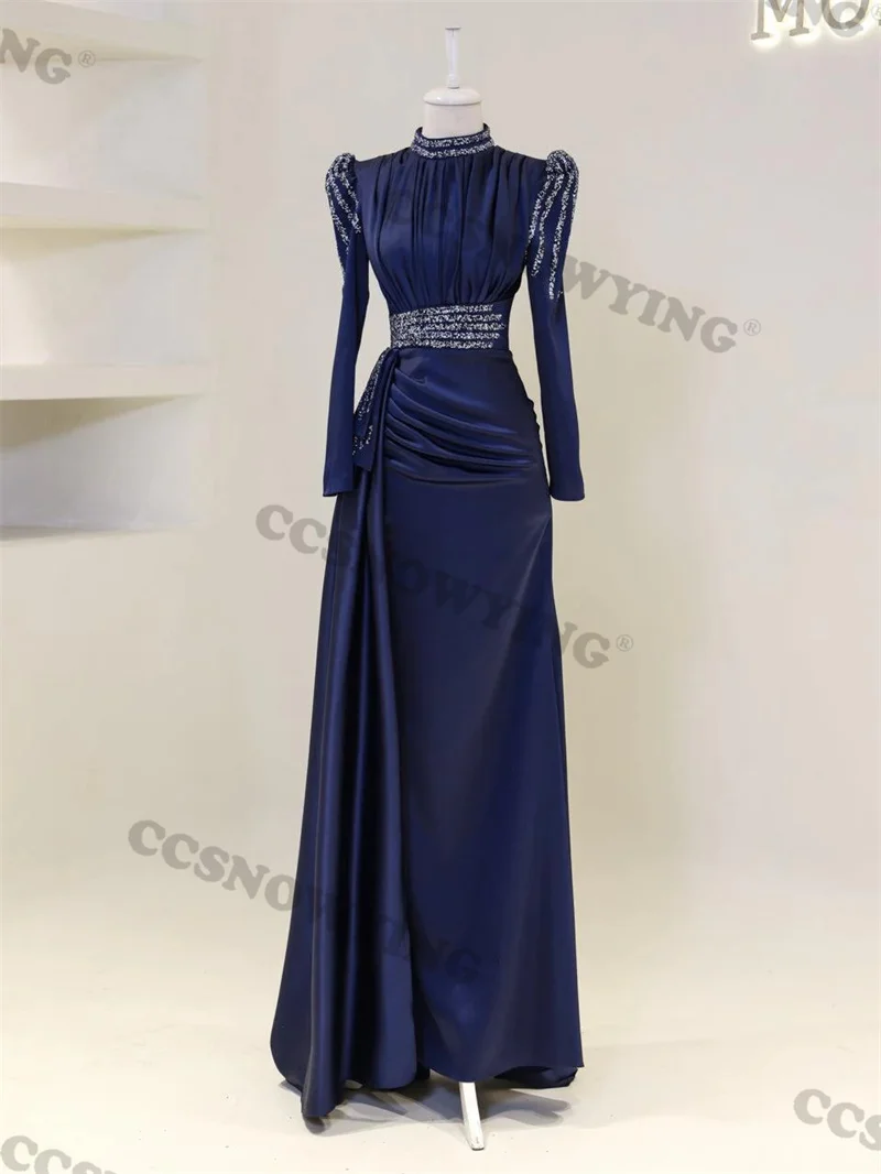 

Navy Blue Satin Beaded Hijab Muslim Evening Dresses Long Sleeve Islamic Women Formal Party Gowns Arabic Dubai Robes De Soirée