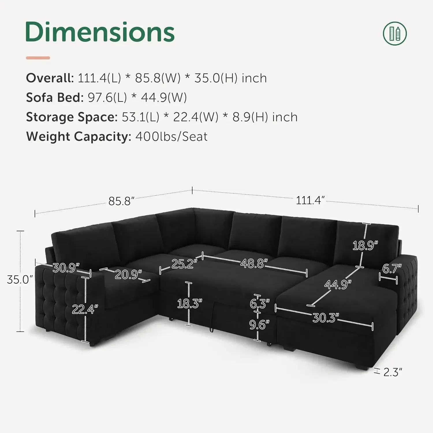 Sectional Sleeper Sofa Pull Out Bed with Storage Chaise,Pull-Out Bed U Shaped Sectional Couch for Living Room, Black