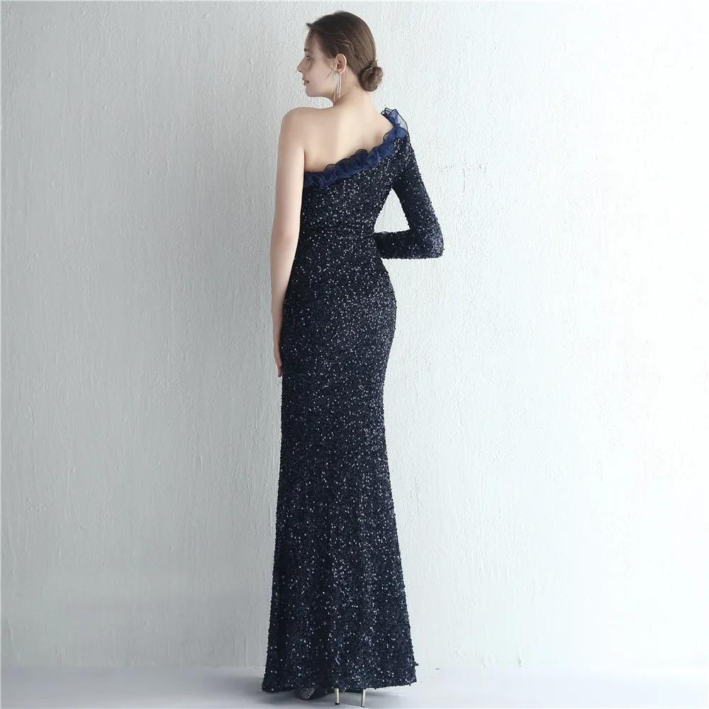 Celebrity Banquet Temperament One-Shoulder Long-Sleeved Dress Sequin Gas Field Fashion Fishtail Dress Women's Clothing