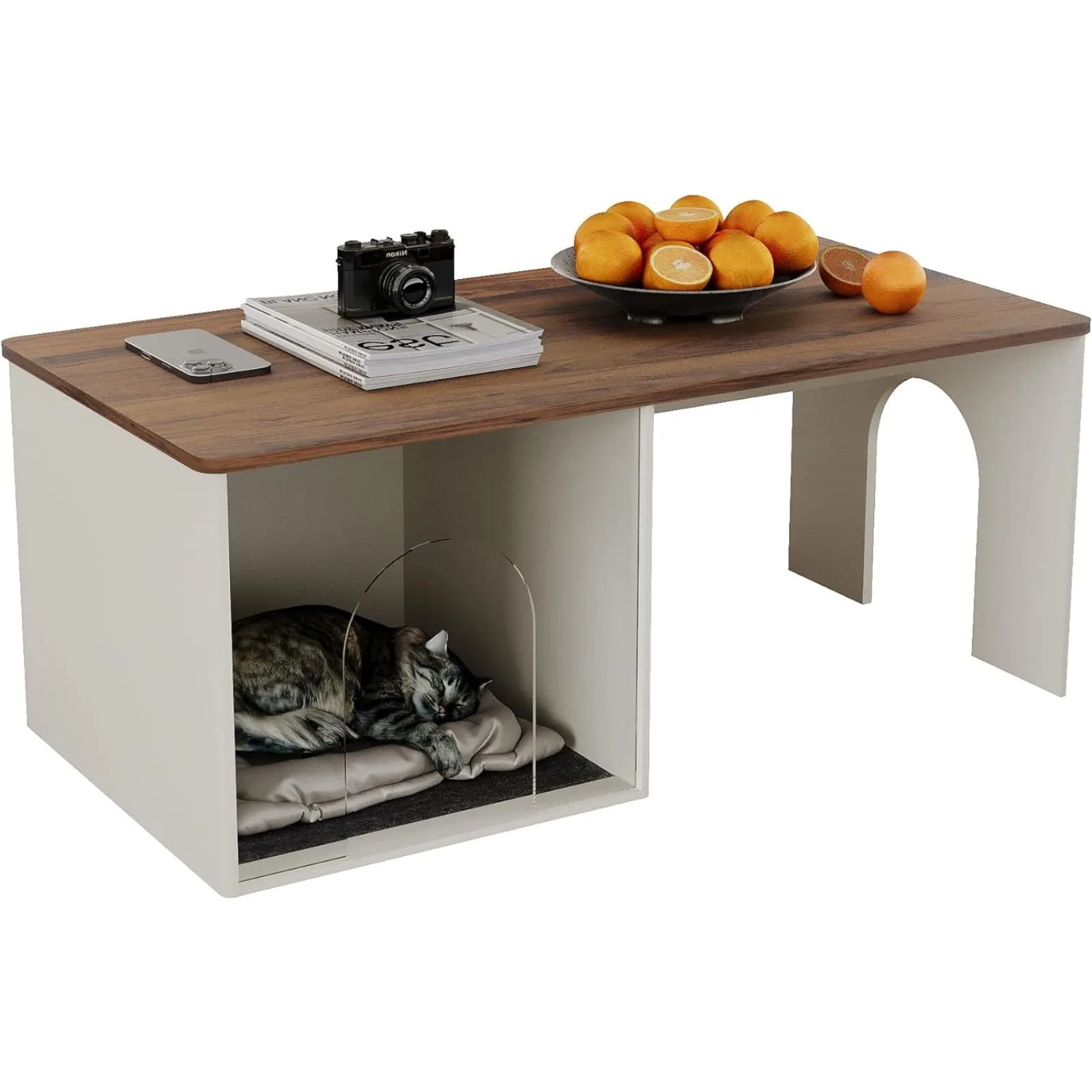 US Farmhouse Coffee Table,Wooden Modern Coffee Table with Opening Cat House for Furniture for Living Room