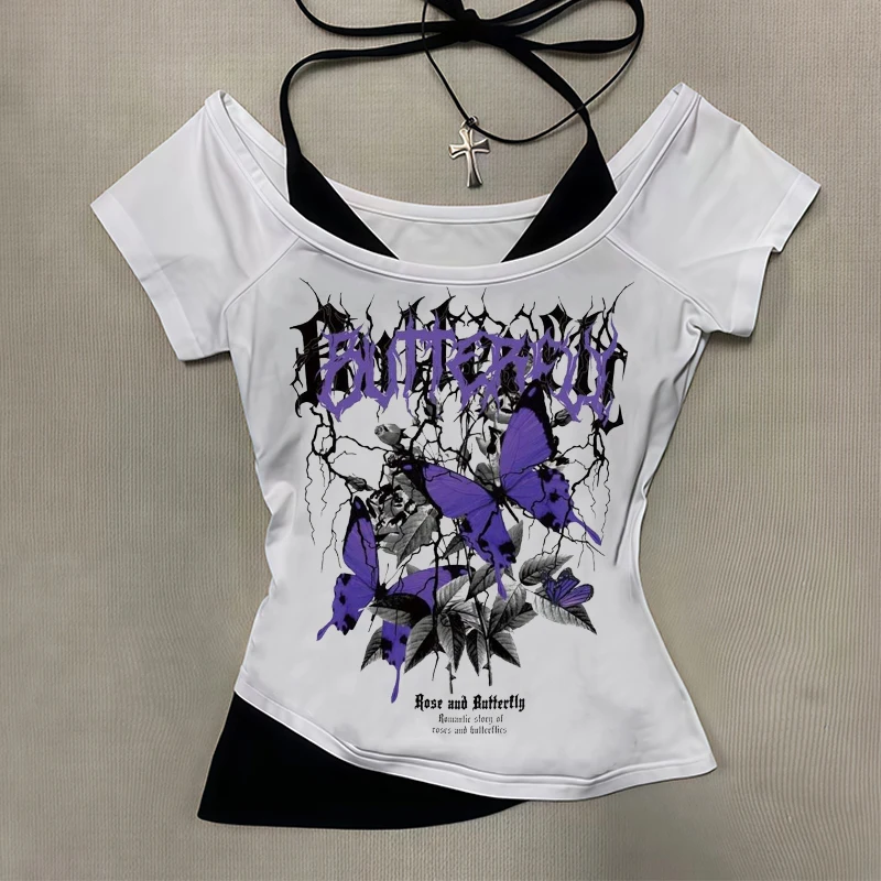 

2025 Spring/Summer New European and American Y2K Sexy Temperament Women's T-shirt Gothic Printed Pattern Two Piece Set Strap