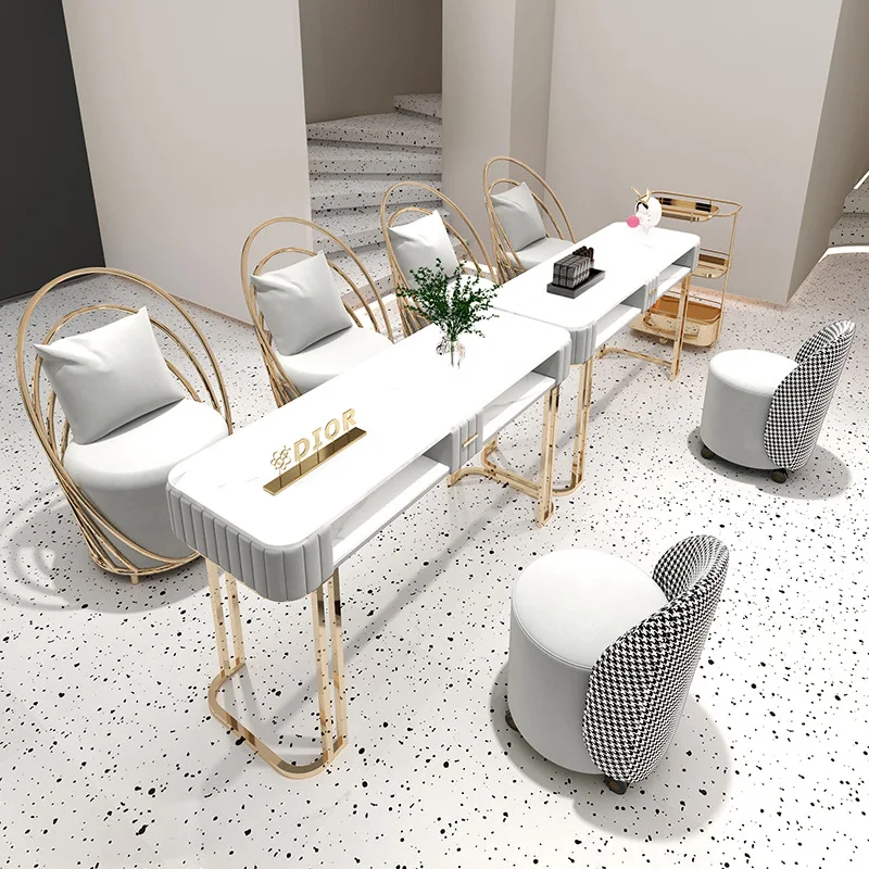 custom.Modern Luxury Metal Nail Art Salon Table and Chair Set with Double Layer Manicure Table Single/Double Table