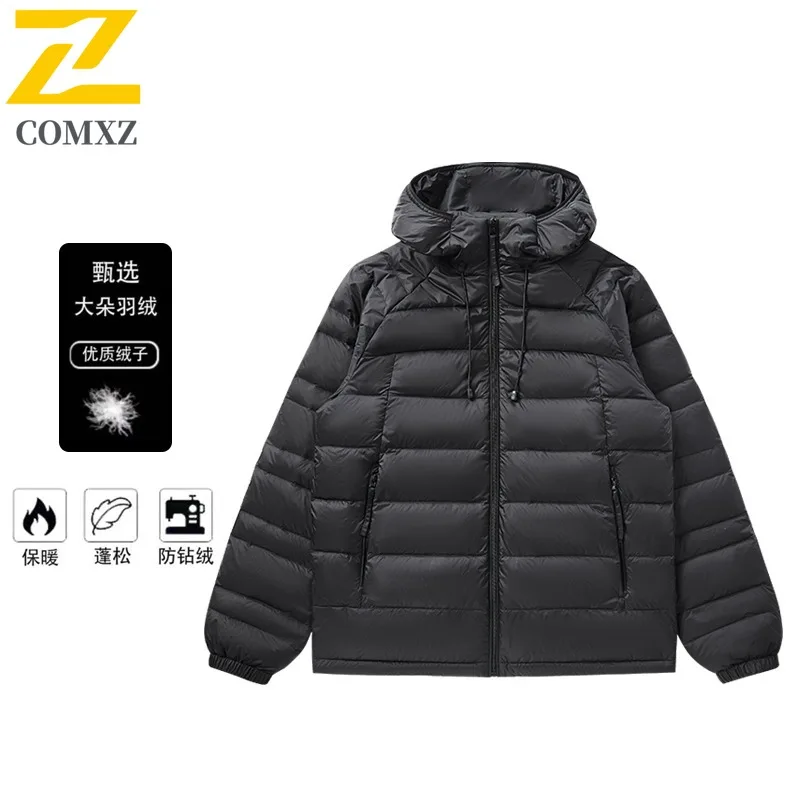 COMXZ New Hooded Down Jacket Men High Quality Camping Lightweight Warm Coat White Duck Down Autumn Winter Trendy Puffer Coat