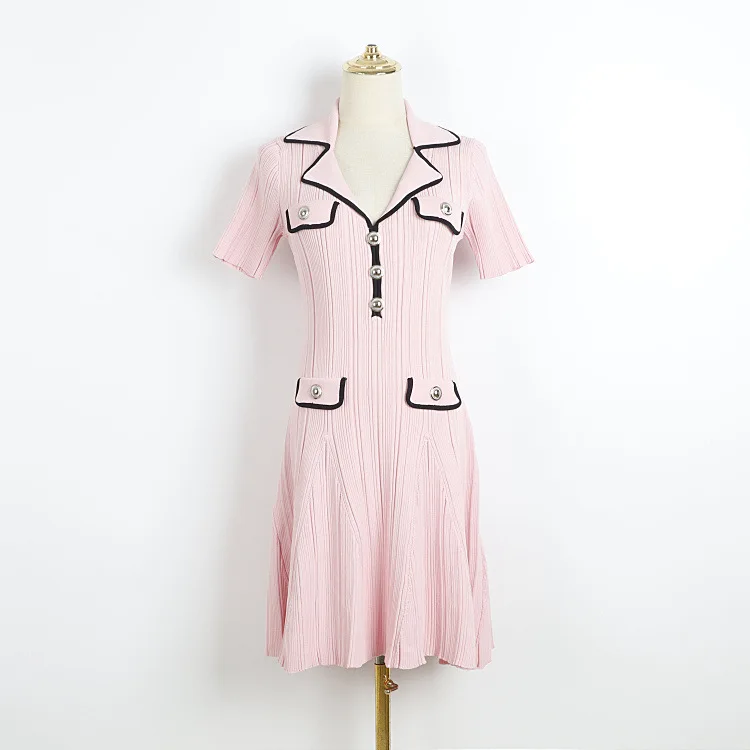 

Elegant V-Neck Short-Sleeve Dress – Spring Summer Slim-Fit Pleated Knitted Dress