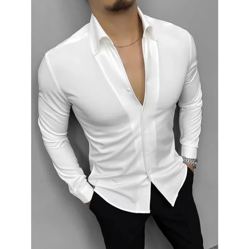 4 Colors!2024 New Men's Shirt Solid Color Versatile Casual Lapel Breathable Skin friendly Men's Shirt European Size