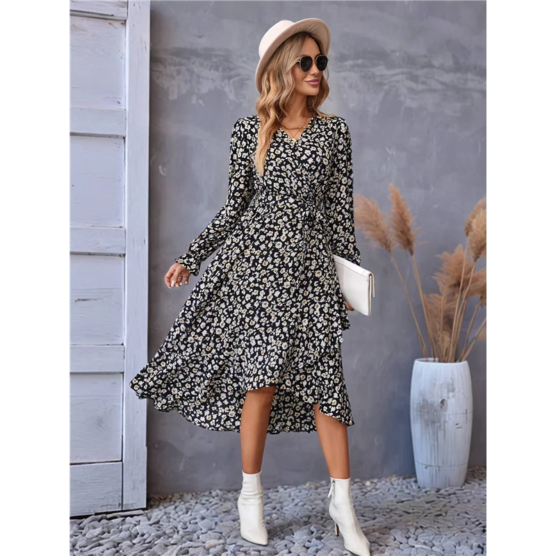 【SEE】فستان نسائي صيفي بوهو ماكسي مزين بالزهور وأكمام طويلة ورقبة على شكل حرف V وكشكش على شكل حرف A فساتين طويلة لحفلات الزفاف