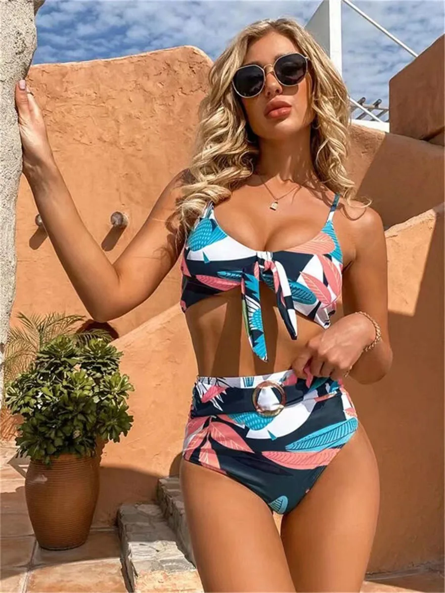 Floral Print Bikini Three Pieces Cover Up Swimsuit Women Push Up Long Sleeve Blouse Swimwear High Waist Triangle Bikini Set 2024