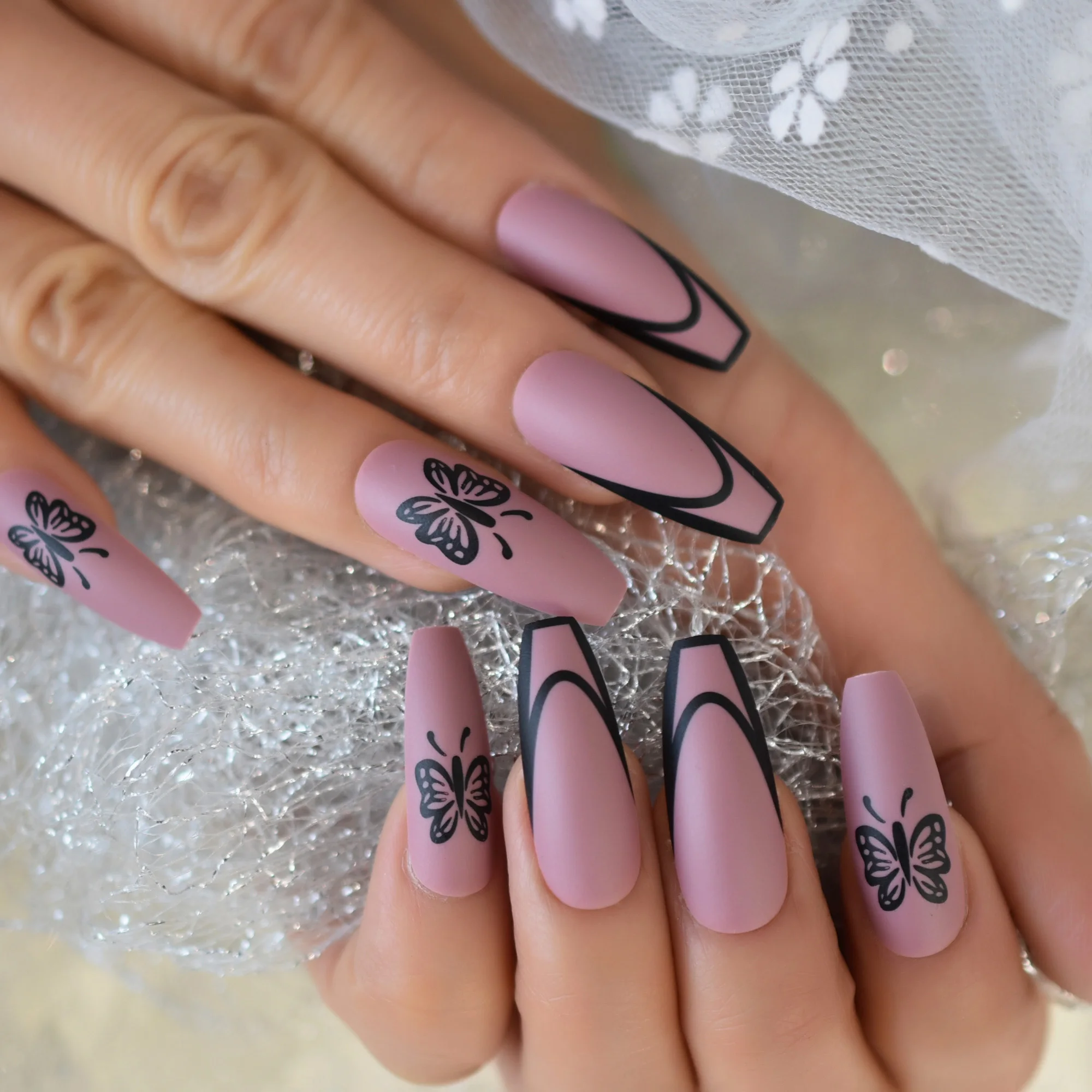 Long Ballerina Pre-designed Fake Nails Matte Butterfly Press On Nails Decal Coffin Shape Purple False Nail