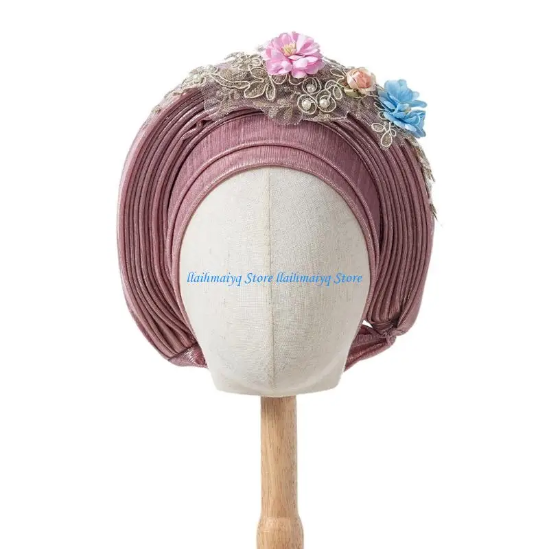 

573B Traditional African Bandana Scarf Women Flower Decors Turban Hat for Theme Event