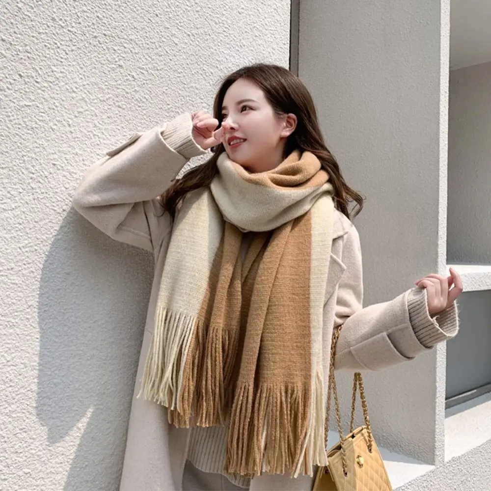 

Зимний теплый двухцветный шарф из имитации кашемира, длинный, комфортный, для защиты шеи, утолщенная женская шаль-накидка для снежных дней